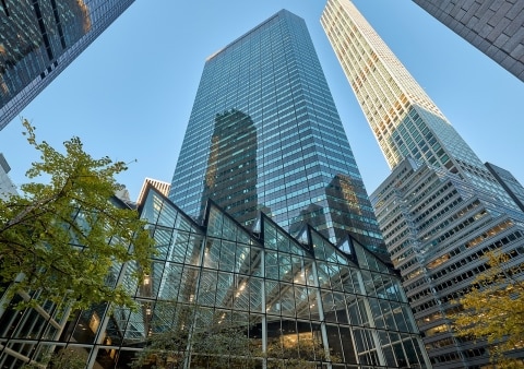 Ground-up view of a building's exterior